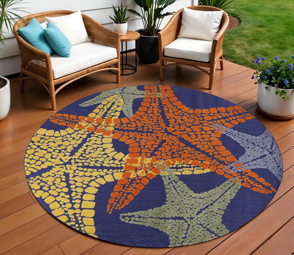 8' Blue Yellow And Orange Round Starfish Indoor Outdoor Area Rug HomeRoots