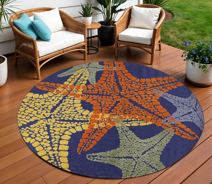8' Blue Yellow And Orange Round Starfish Indoor Outdoor Area Rug HomeRoots