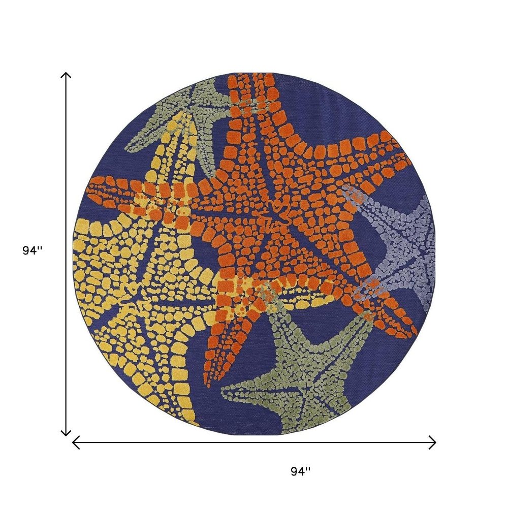 8' Blue Yellow And Orange Round Starfish Indoor Outdoor Area Rug HomeRoots