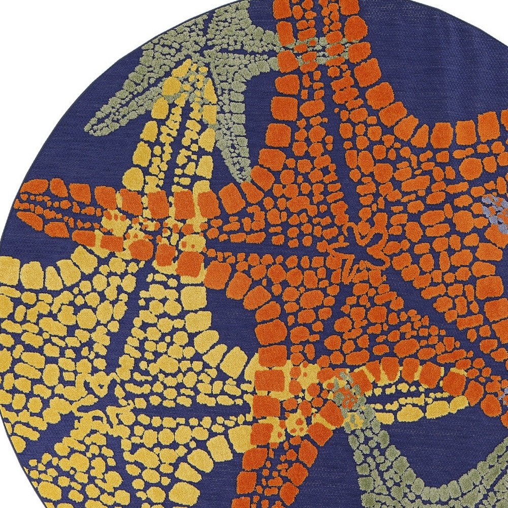 8' Blue Yellow And Orange Round Starfish Indoor Outdoor Area Rug HomeRoots