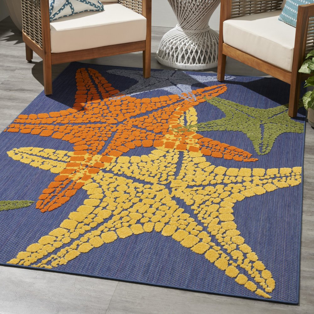 4' X 6' Blue Yellow And Orange Starfish Indoor Outdoor Area Rug