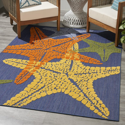 4' X 6' Blue Yellow And Orange Starfish Indoor Outdoor Area Rug
