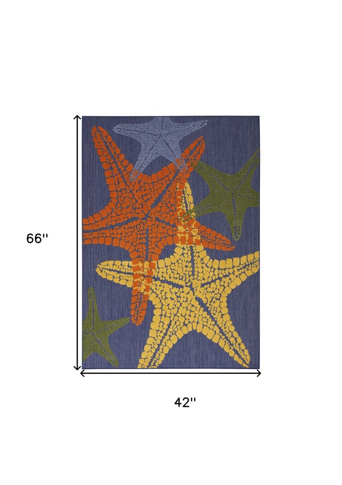 4' X 6' Blue Yellow And Orange Starfish Indoor Outdoor Area Rug HomeRoots