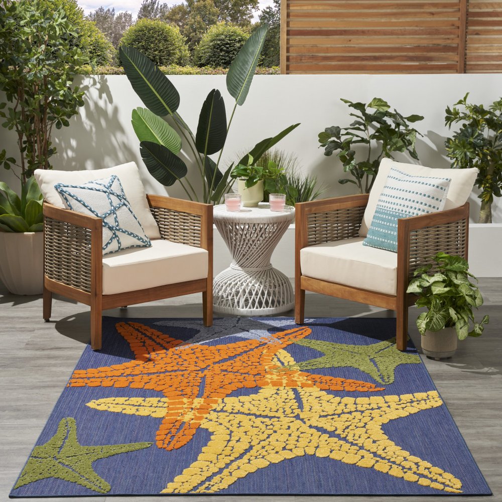 4' X 6' Blue Yellow And Orange Starfish Indoor Outdoor Area Rug