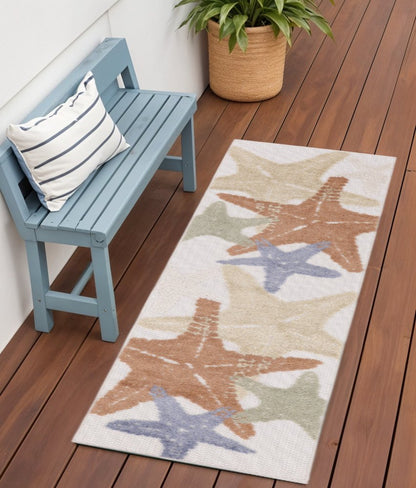 6' Ivory Yellow Orange And Green Starfish Indoor Outdoor Runner Rug HomeRoots
