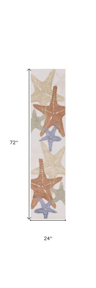 6' Ivory Yellow Orange And Green Starfish Indoor Outdoor Runner Rug HomeRoots