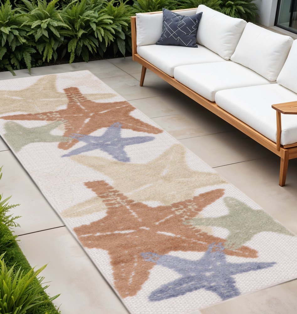 8' Ivory Yellow Orange And Green Starfish Indoor Outdoor Runner Rug HomeRoots