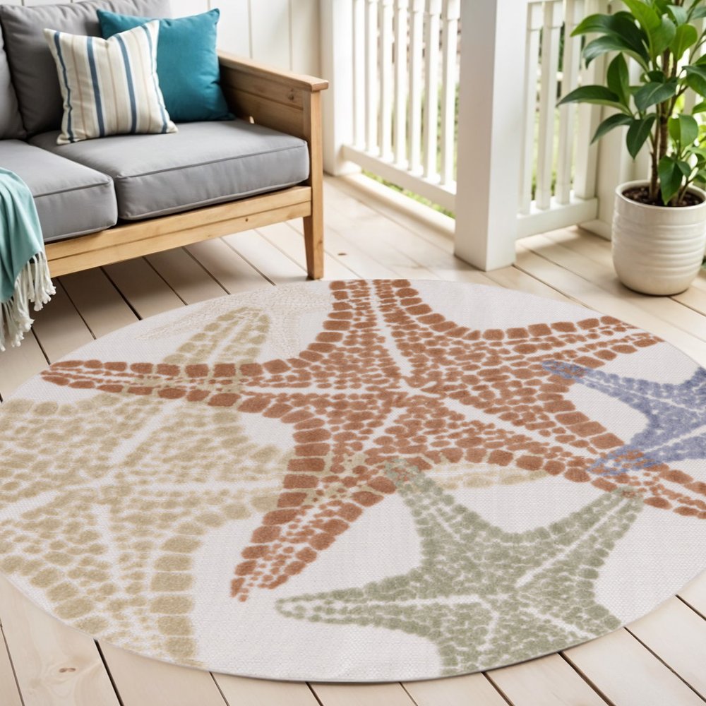 5' Ivory Yellow Orange And Green Round Starfish Indoor Outdoor Area Rug HomeRoots
