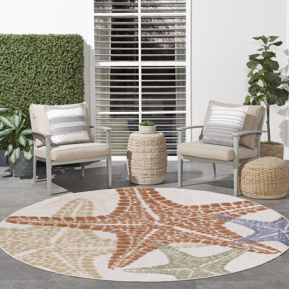 5' Ivory Yellow Orange And Green Round Starfish Indoor Outdoor Area Rug HomeRoots