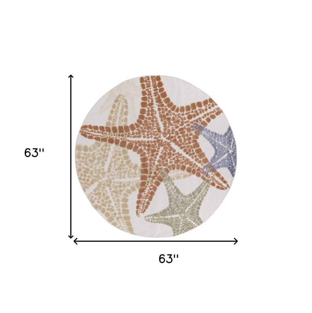 5' Ivory Yellow Orange And Green Round Starfish Indoor Outdoor Area Rug HomeRoots