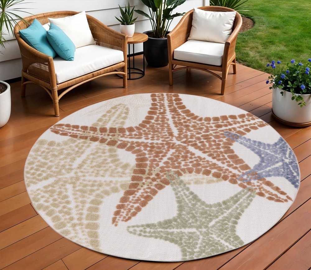 8' Ivory Yellow Orange And Green Round Starfish Indoor Outdoor Area Rug HomeRoots