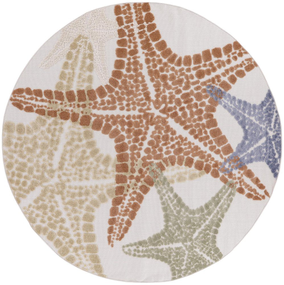 8' Ivory Yellow Orange And Green Round Starfish Indoor Outdoor Area Rug HomeRoots