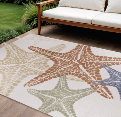 8' X 11' Ivory Yellow Orange And Green Starfish Indoor Outdoor Area Rug HomeRoots