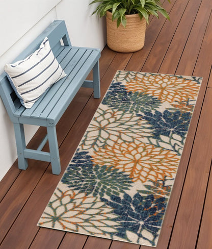 6' Blue Green And Orange Floral Indoor Outdoor Runner Rug HomeRoots