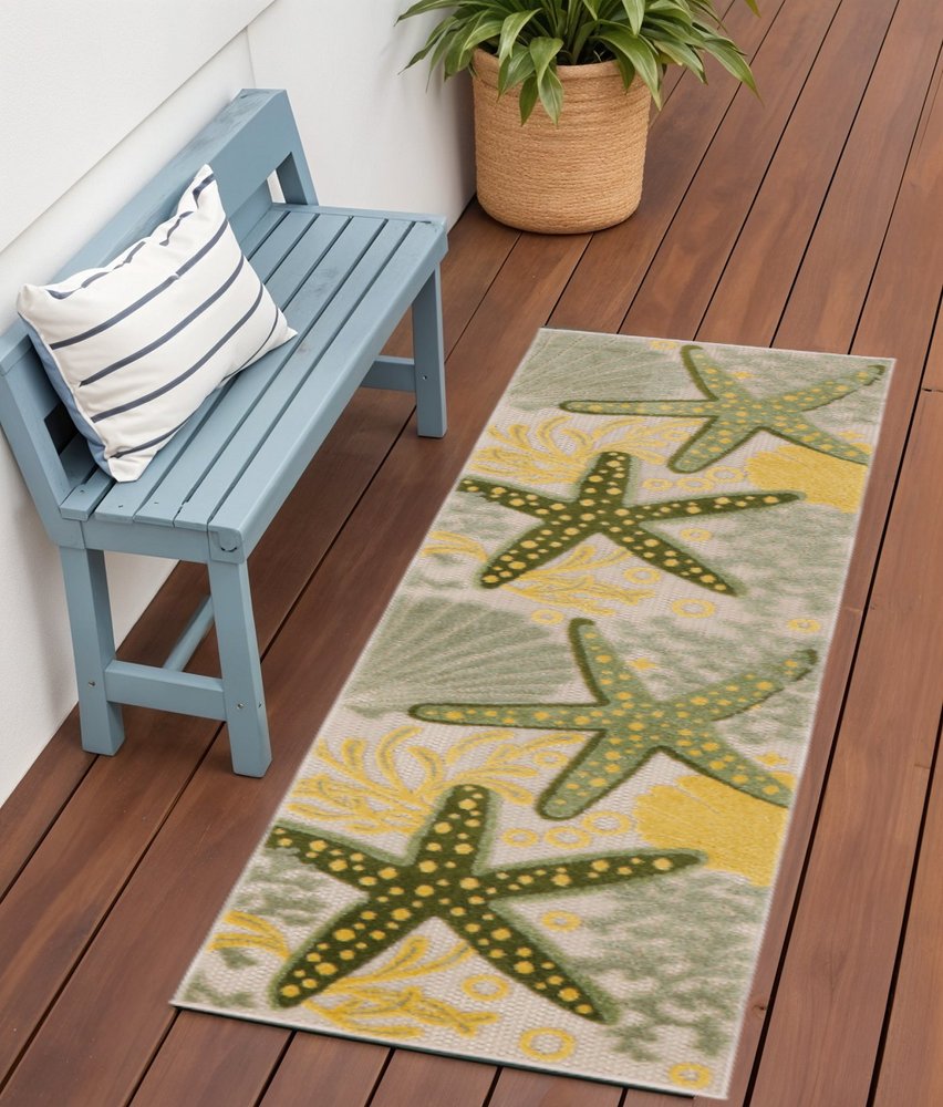 6' Green And Yellow Starfish Indoor Outdoor Runner Rug HomeRoots
