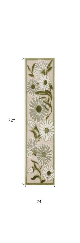 6' Ivory And Green Floral Indoor Outdoor Runner Rug HomeRoots