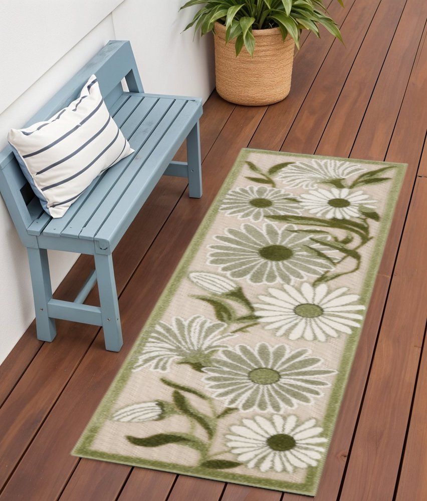 6' Ivory And Green Floral Indoor Outdoor Runner Rug HomeRoots