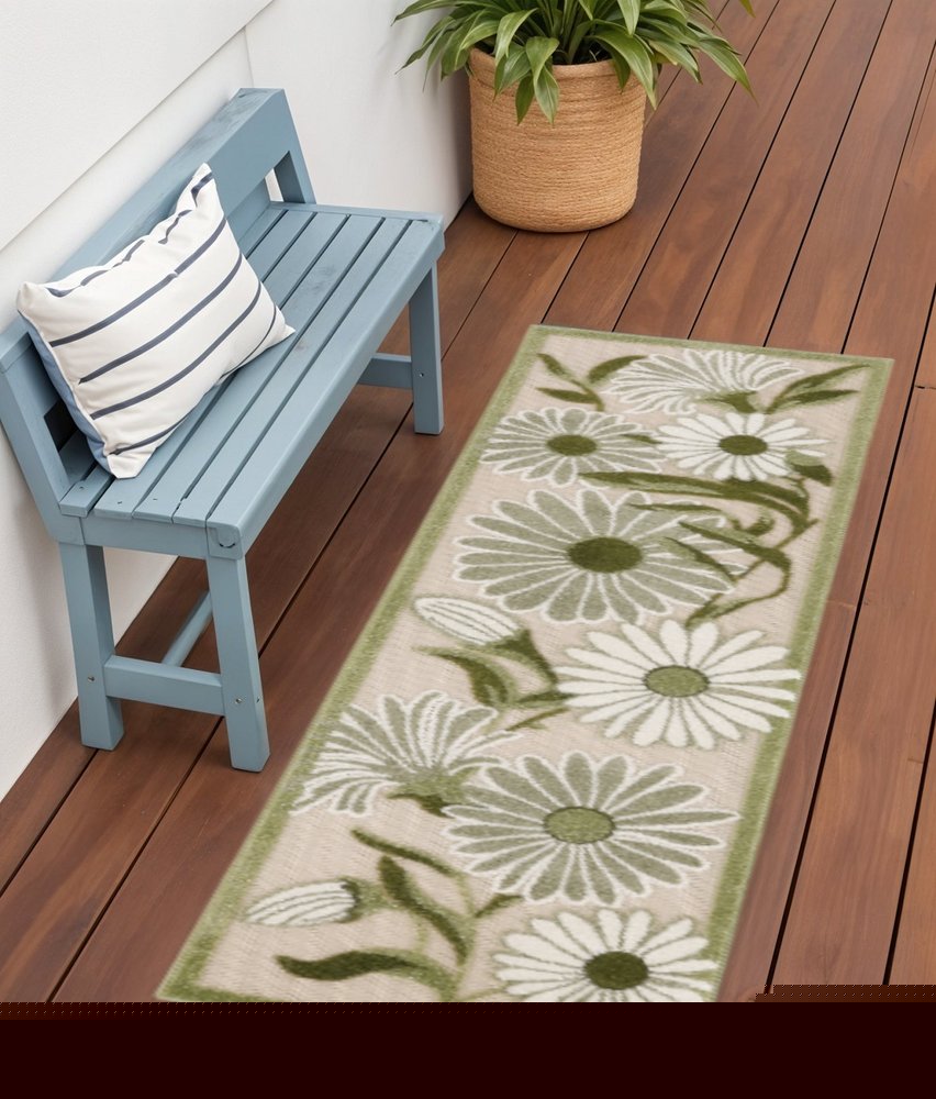 6' Ivory And Green Floral Indoor Outdoor Runner Rug HomeRoots