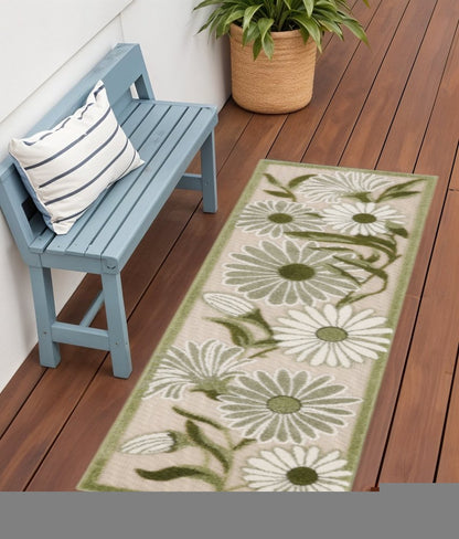 6' Ivory And Green Floral Indoor Outdoor Runner Rug HomeRoots