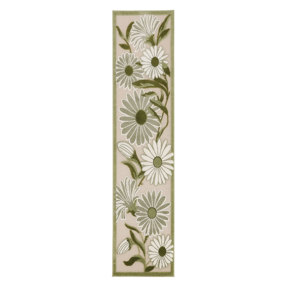 6' Ivory And Green Floral Indoor Outdoor Runner Rug HomeRoots