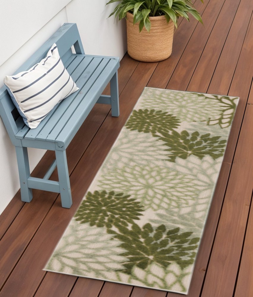 6' Ivory And Green Floral Indoor Outdoor Runner Rug HomeRoots