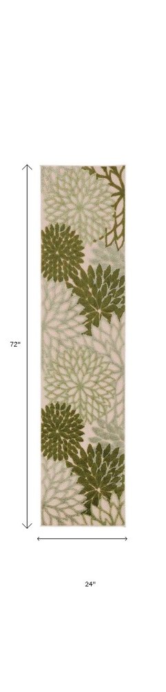 6' Ivory And Green Floral Indoor Outdoor Runner Rug