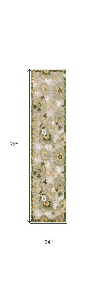 6' Ivory And Green Floral Indoor Outdoor Runner Rug HomeRoots
