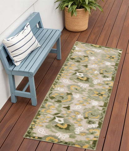 6' Ivory And Green Floral Indoor Outdoor Runner Rug HomeRoots