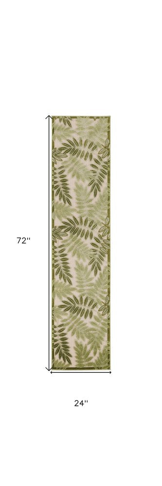 6' Ivory And Green Palm Leaf Indoor Outdoor Runner Rug HomeRoots