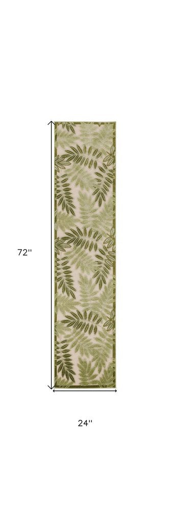 6' Ivory And Green Palm Leaf Indoor Outdoor Runner Rug HomeRoots