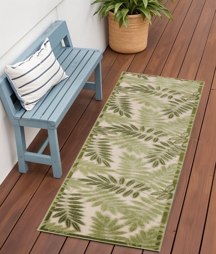 6' Ivory And Green Palm Leaf Indoor Outdoor Runner Rug HomeRoots