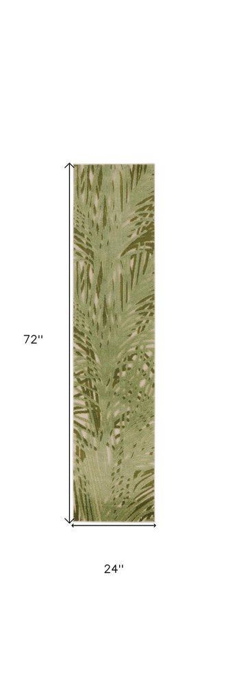 6' Ivory And Green Palm Leaf Indoor Outdoor Runner Rug HomeRoots