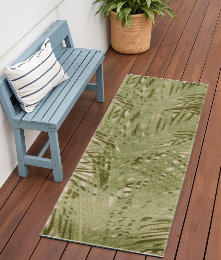 6' Ivory And Green Palm Leaf Indoor Outdoor Runner Rug HomeRoots