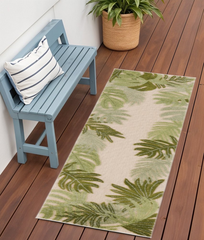 6' Ivory And Green Palm Leaf Indoor Outdoor Runner Rug HomeRoots