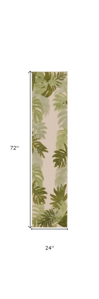 6' Ivory And Green Palm Leaf Indoor Outdoor Runner Rug HomeRoots