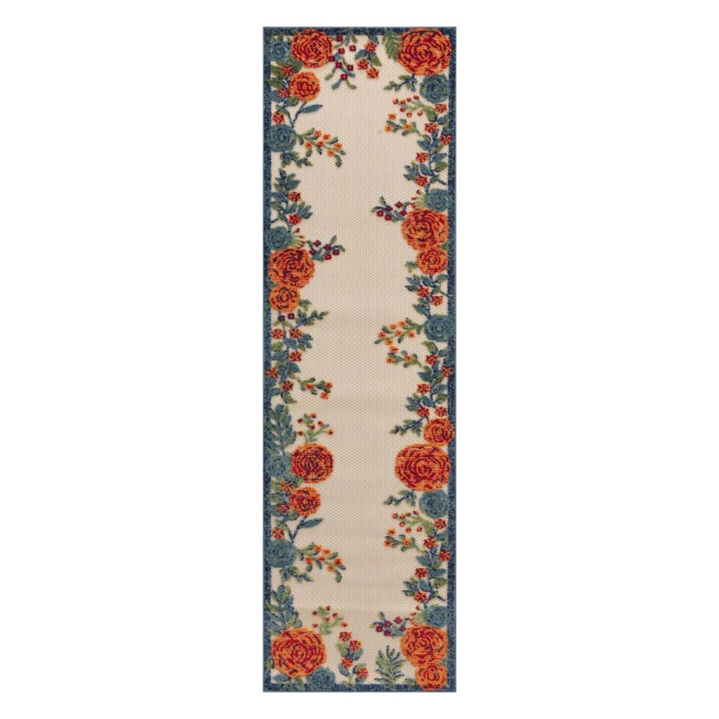 6' Ivory Blue And Orange Floral Indoor Outdoor Runner Rug
