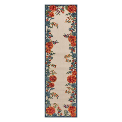 6' Ivory Blue And Orange Floral Indoor Outdoor Runner Rug