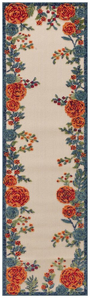 6' Ivory Blue And Orange Floral Indoor Outdoor Runner Rug HomeRoots