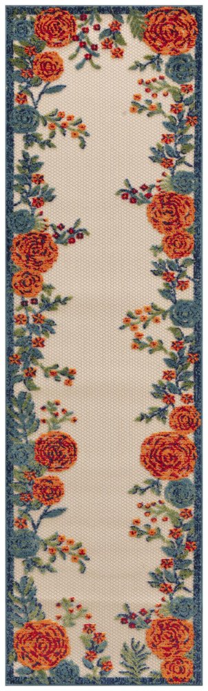 6' Ivory Blue And Orange Floral Indoor Outdoor Runner Rug HomeRoots