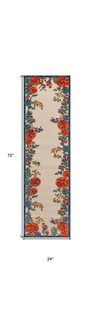 6' Ivory Blue And Orange Floral Indoor Outdoor Runner Rug HomeRoots