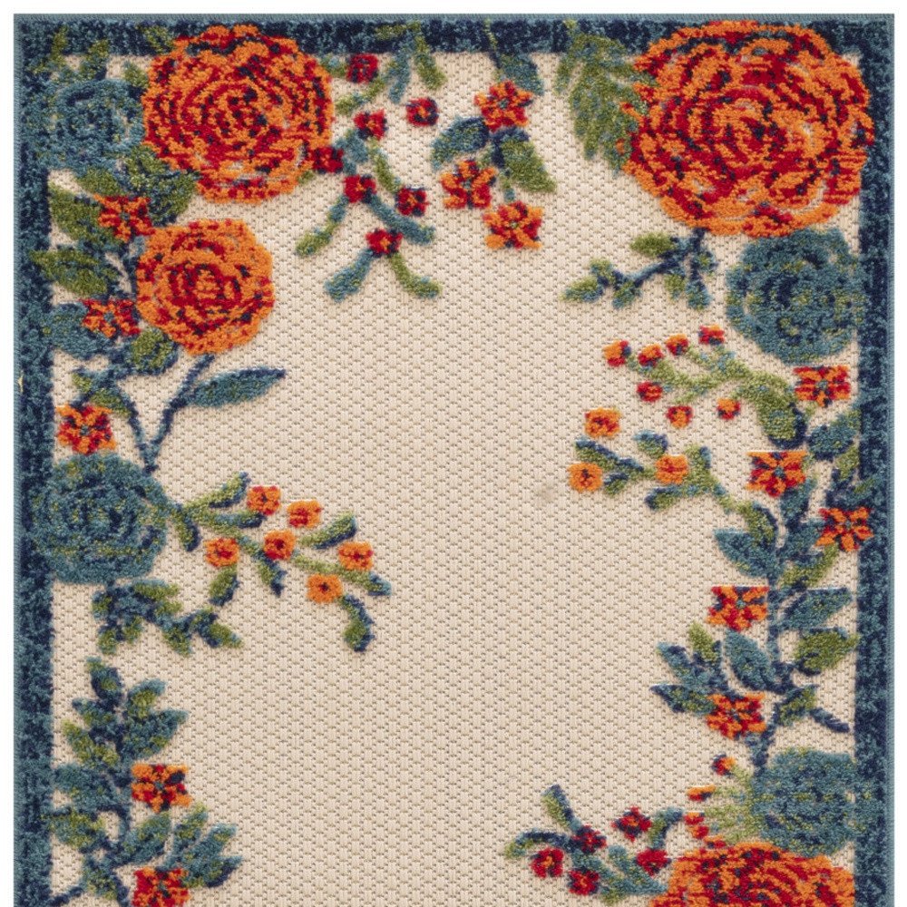 6' Ivory Blue And Orange Floral Indoor Outdoor Runner Rug HomeRoots