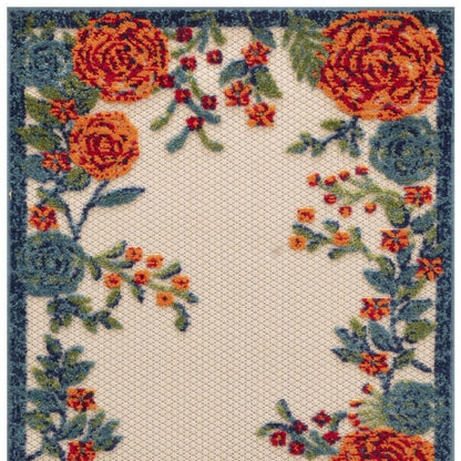 6' Ivory Blue And Orange Floral Indoor Outdoor Runner Rug HomeRoots