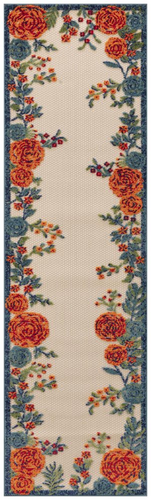 6' Ivory Blue And Orange Floral Indoor Outdoor Runner Rug HomeRoots