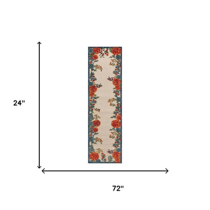 6' Ivory Blue And Orange Floral Indoor Outdoor Runner Rug