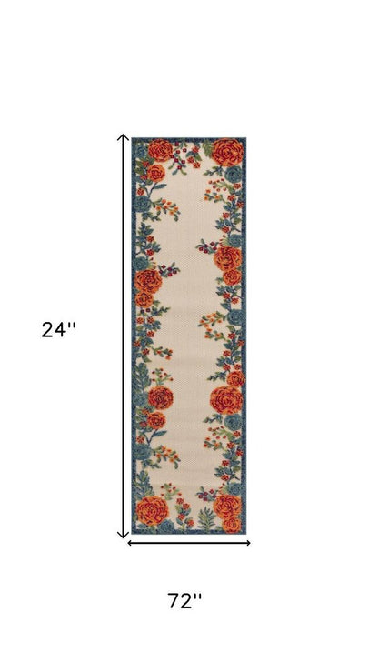 6' Ivory Blue And Orange Floral Indoor Outdoor Runner Rug HomeRoots