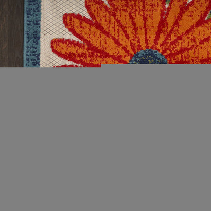 6' Ivory Blue And Orange Floral Indoor Outdoor Runner Rug