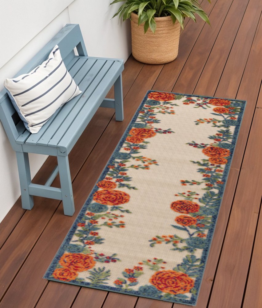 6' Ivory Blue And Orange Floral Indoor Outdoor Runner Rug HomeRoots