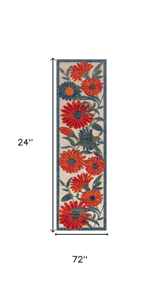 6' Ivory Blue And Orange Floral Indoor Outdoor Runner Rug HomeRoots