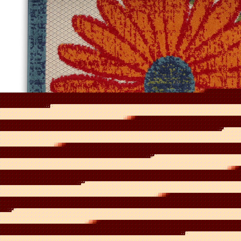 6' Ivory Blue And Orange Floral Indoor Outdoor Runner Rug