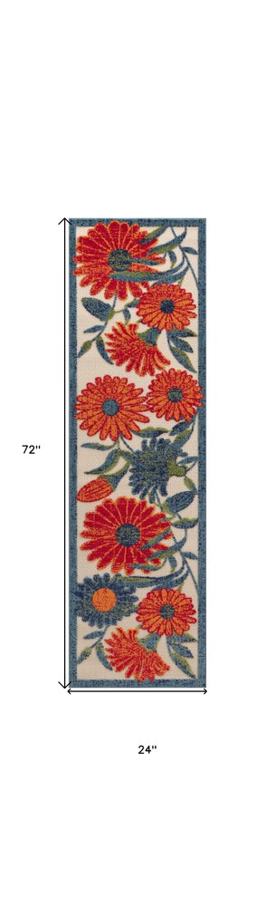 6' Ivory Blue And Orange Floral Indoor Outdoor Runner Rug HomeRoots